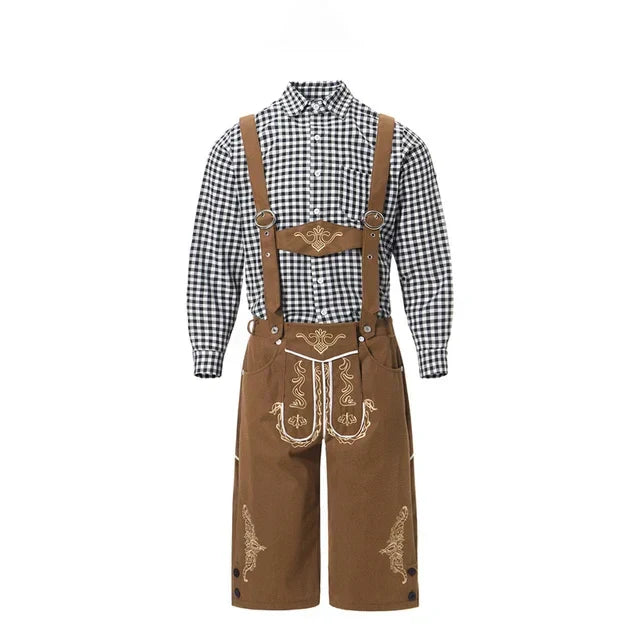 Completo tradizionale Oktoberfest da uomo, con camicia a quadri e pantaloni lederhosen ricamati.