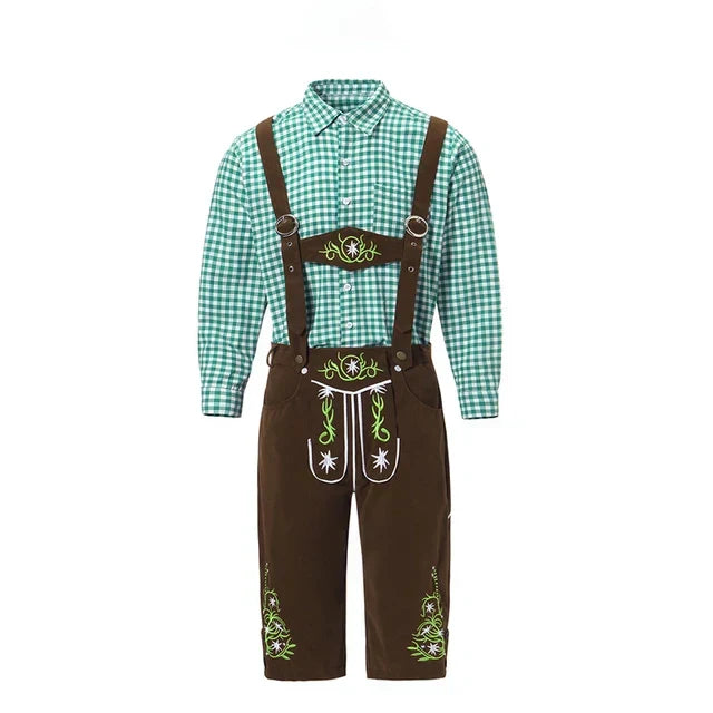 Costume bavarese completo per Oktoberfest, include camicia a quadri e pantaloni lederhosen ricamati.