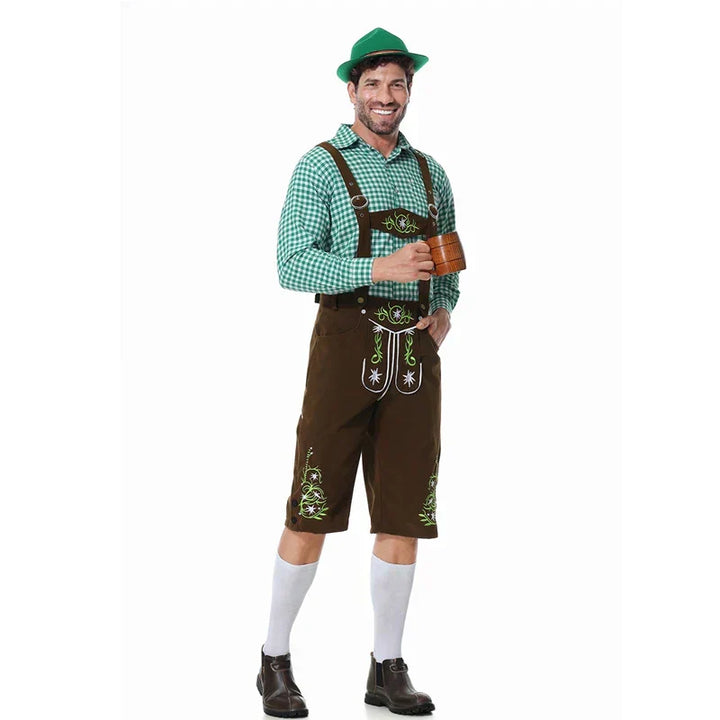 Costume tradizionale bavarese da uomo per Oktoberfest, completo di camicia a quadri e pantaloni lederhosen.