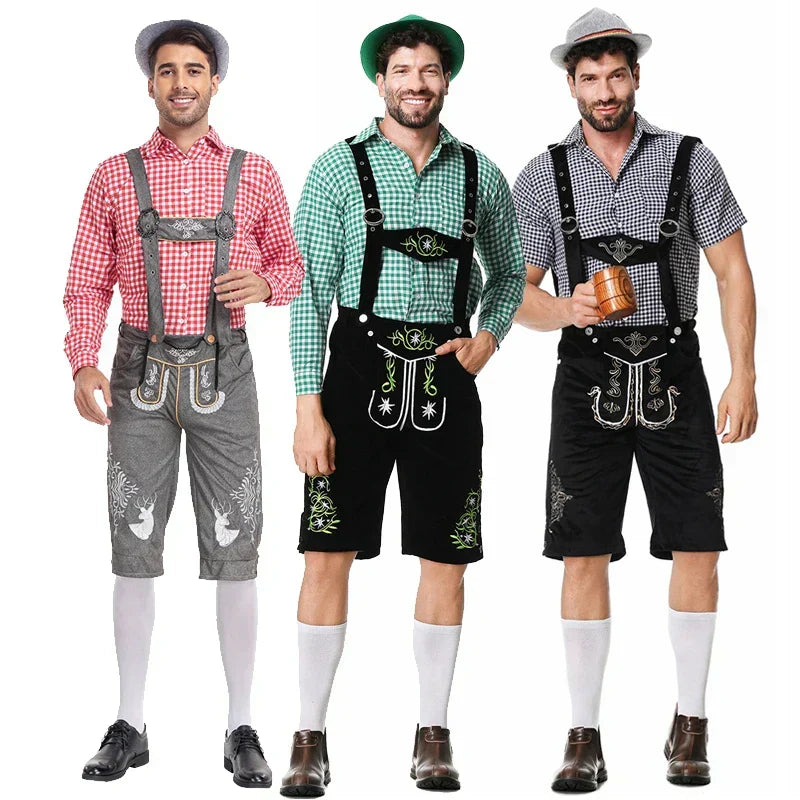 Ricami tradizionali e dettagliati sui pantaloni lederhosen da uomo, essenziali per un autentico costume Oktoberfest.