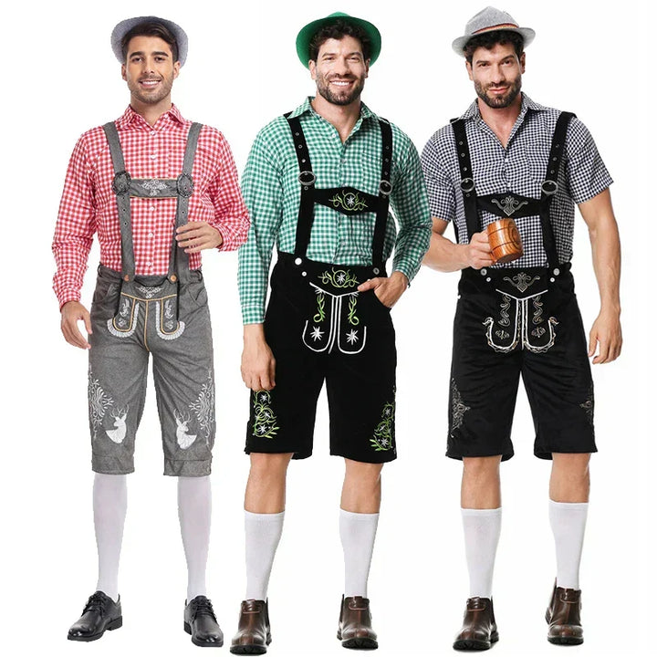 Ricami tradizionali e dettagliati sui pantaloni lederhosen da uomo, essenziali per un autentico costume Oktoberfest.