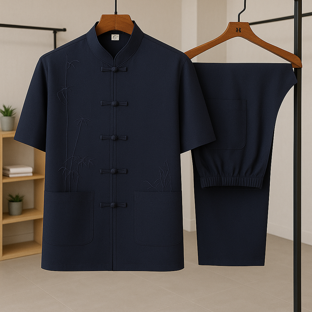 Set estivo uomo tradizionale con ricamo bambù e chiusura annodata. Completo due pezzi con shorts a vita elastica.
