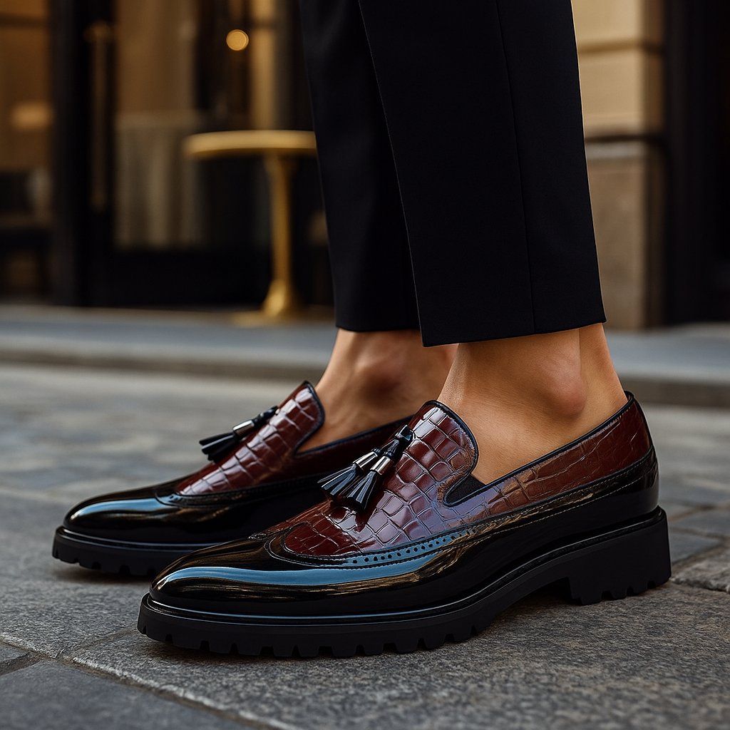 Texture effetto coccodrillo su mocassini uomo business, con nappine e cuciture a mano, per un comfort duraturo.
