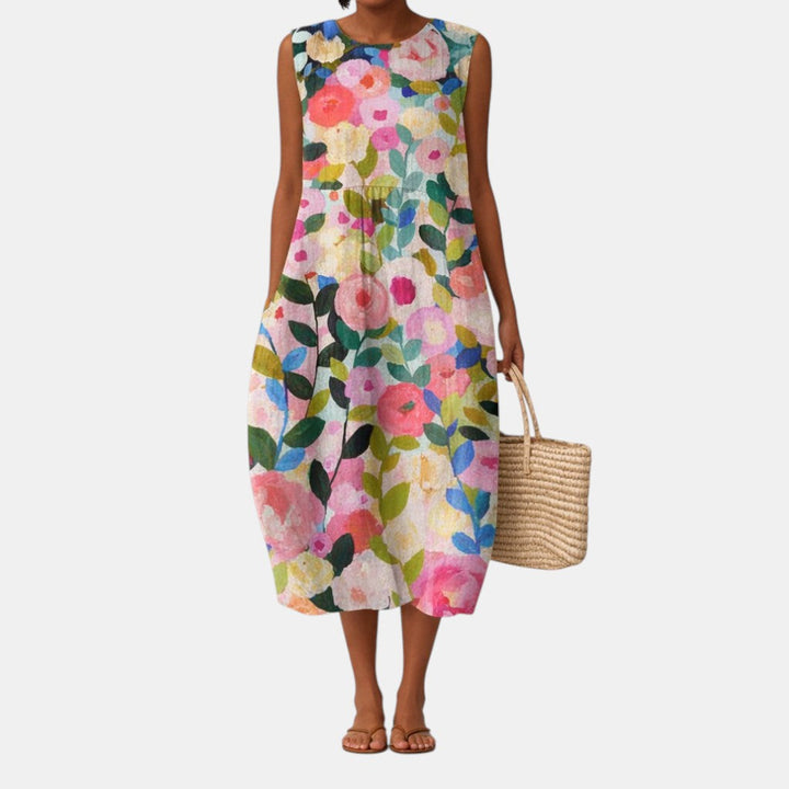Vestito estivo floreale casual ed elegante per donna, con stampa maxi vivace, ideale per primavera.