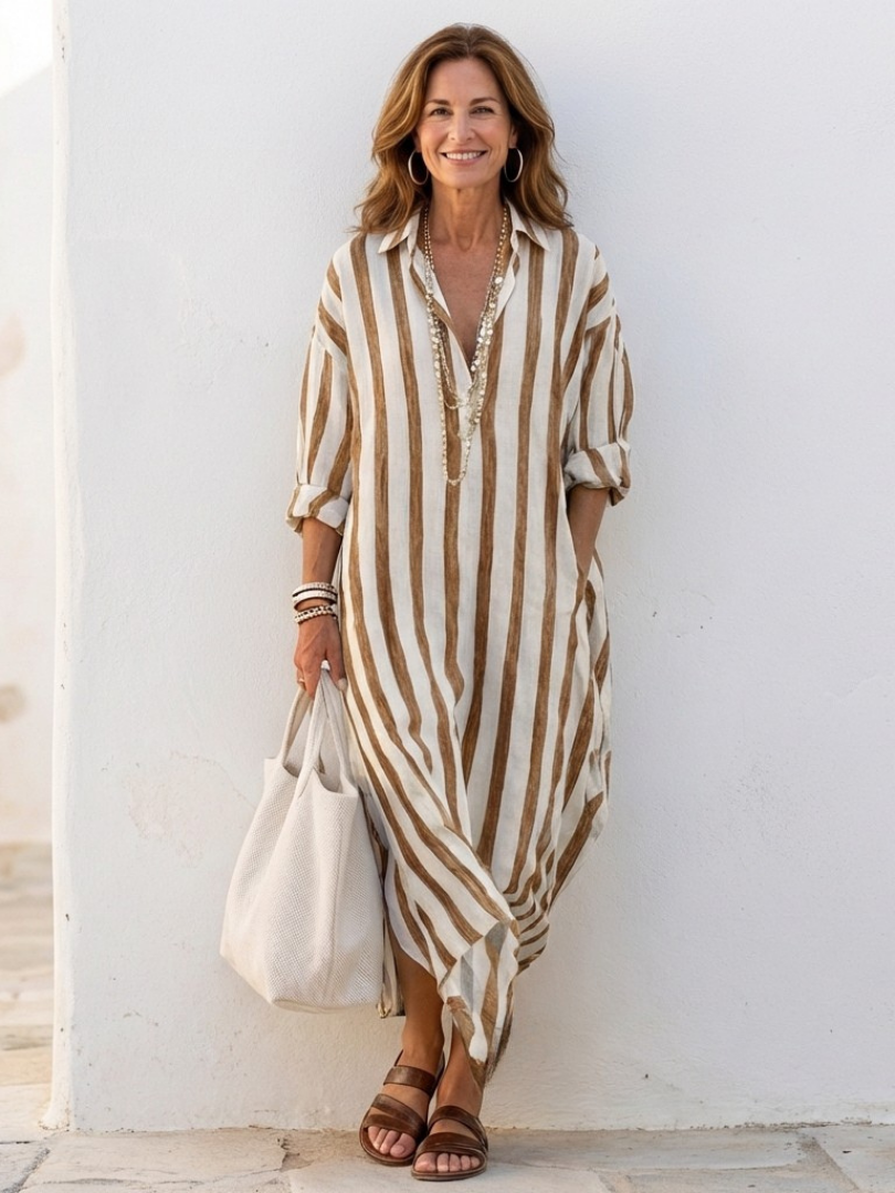 Modella indossa abito chemisier midi donna a righe, maniche lunghe. Vestito elegante per un look moderno.