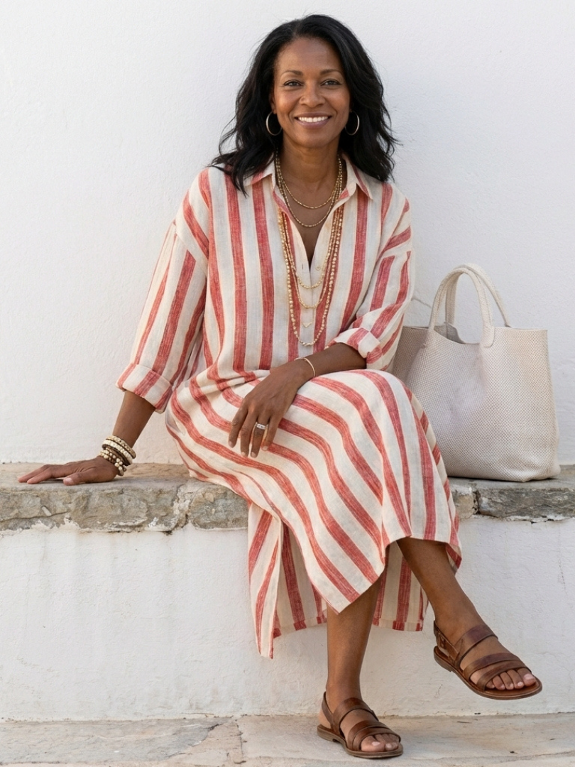Abito chemisier midi a righe per donna, ideale per la moda primavera autunno. Look elegante e casual chic.