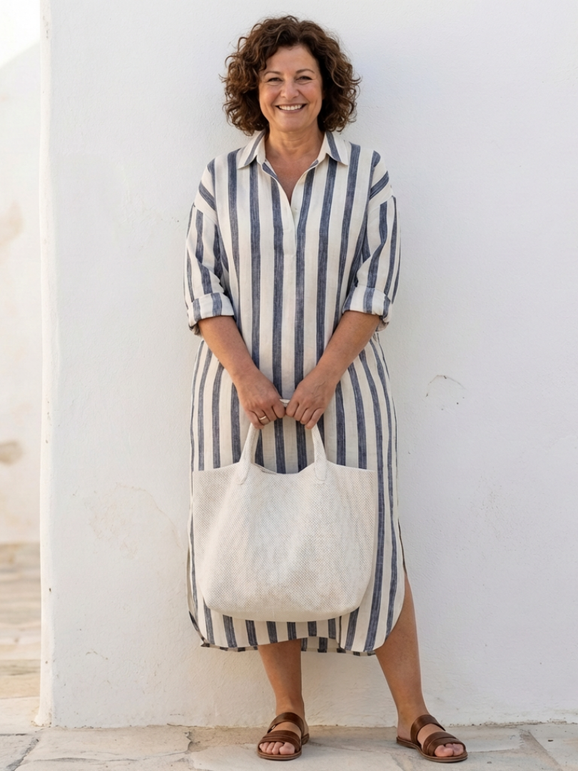 Dettaglio abito chemisier midi donna a righe, maniche lunghe. Vestito elegante e confortevole per la giornata.