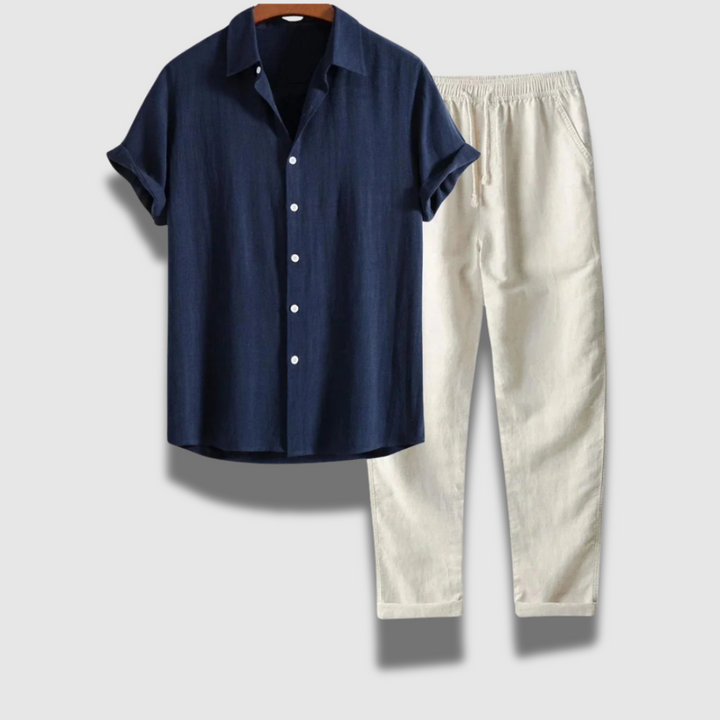 Set completo uomo casual: camicia a maniche corte e pantaloni lunghi, ideale per comfort ed eleganza senza sforzo.