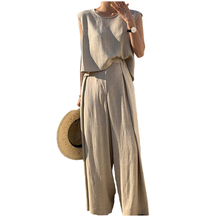 Completo donna estivo leggero, set due pezzi casual chic per vacanze. Top e pantaloni larghi confortevoli.