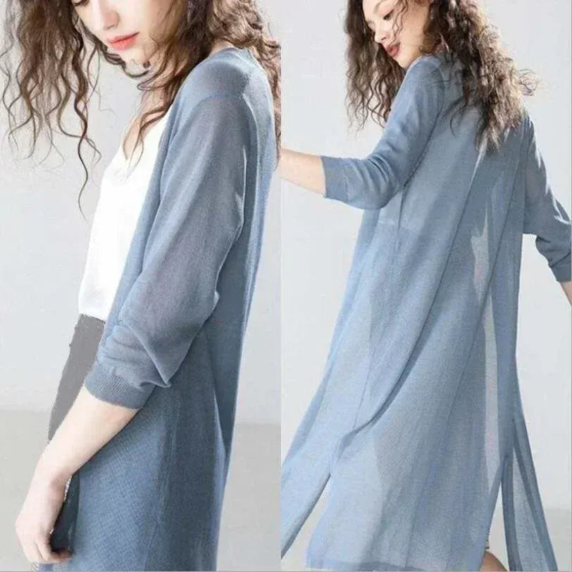 Cardigan donna lungo per un look rilassato, aperto, maniche 3/4. Ideale per il tempo libero, molto comodo.