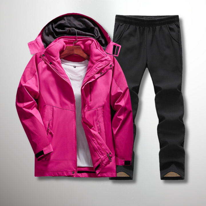 Completo sportivo donna 3 in 1 per trekking ed escursioni, giacca e pantaloni versatili, antivento e impermeabile.