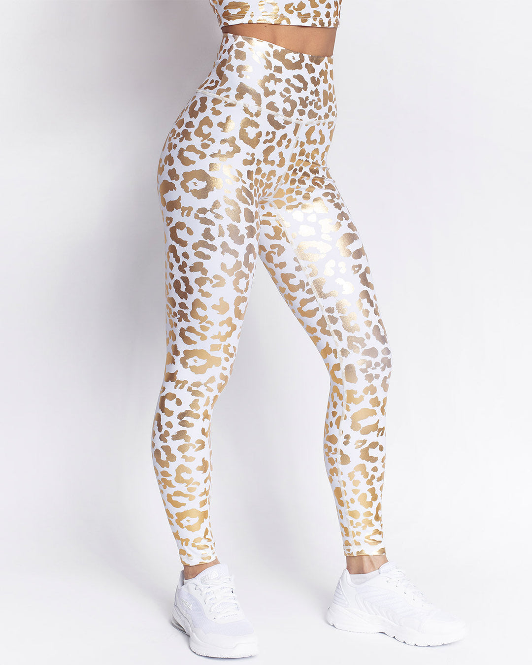 Leggings donna fitness leopardati metallizzati, vita alta, per un tocco scintillante nello sport e athleisure.