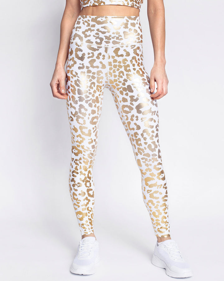 Leggings donna vita alta leopardati metallizzati per fitness e athleisure, perfetti per yoga e palestra.