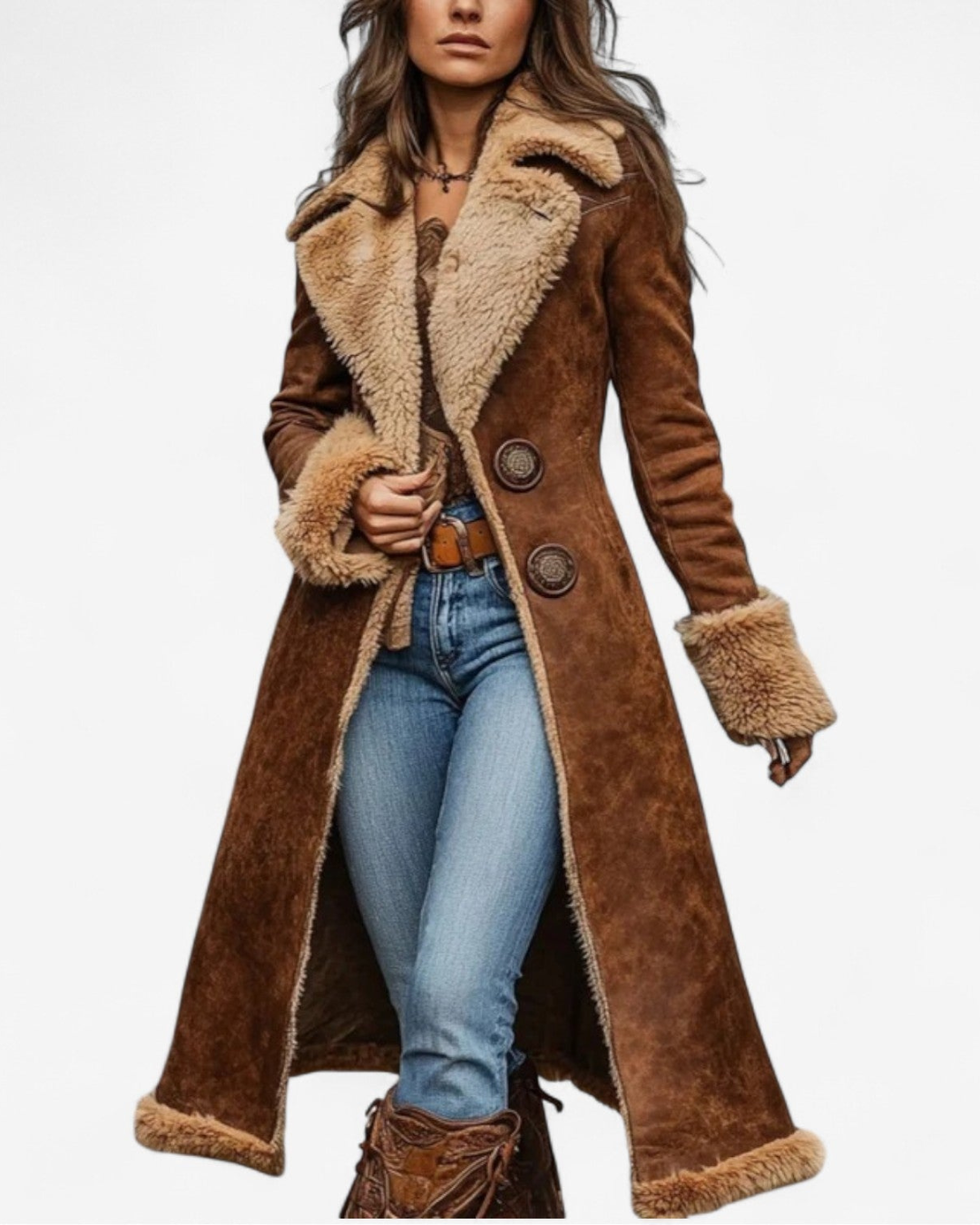 Cappotto lungo donna effetto scamosciato marrone con fodera calda. Perfetto per l'inverno elegante.