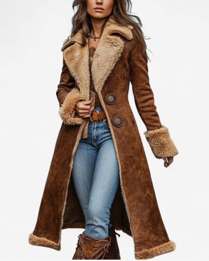 Cappotto lungo donna effetto scamosciato marrone con fodera calda. Perfetto per l'inverno elegante.