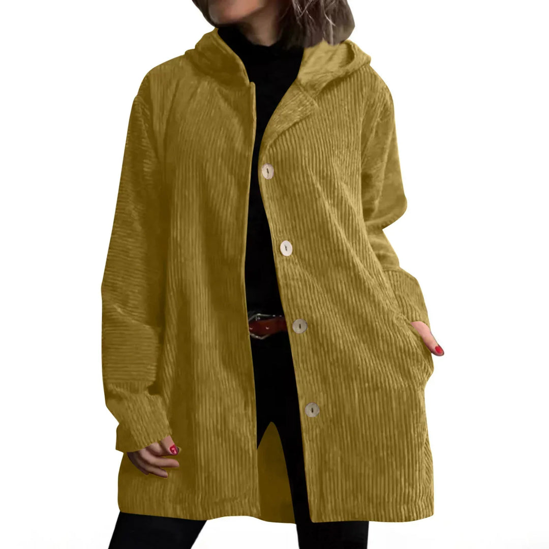Giacca autunnale blu scuro per donna, con cappuccio e vestibilità ampia, perfetta per il comfort.