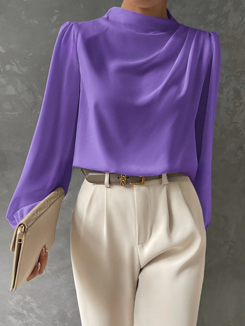 Blusa donna collo alto, maniche lunghe. Ideale per autunno/inverno, look elegante e confortevole. Versatile e chic.