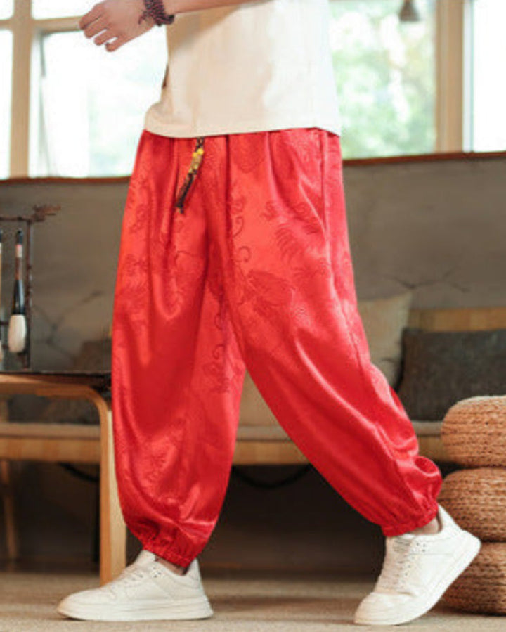 Pantaloni harem uomo, stampa drago e coulisse. Look casual e confortevole, stile etnico per ogni stagione.