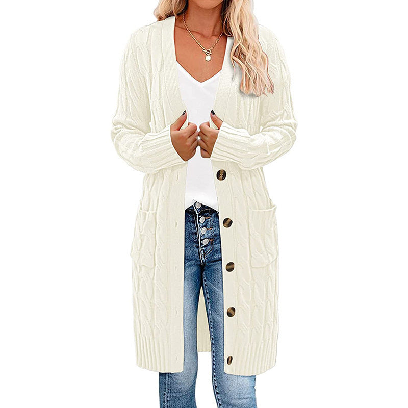 Elegante cardigan da donna con maniche lunghe e tasche, design semplice per look quotidiani.