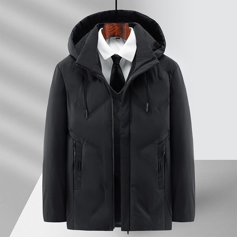 Giacca invernale da uomo nera con cappuccio in pile, calda e comoda, ideale per l'inverno.