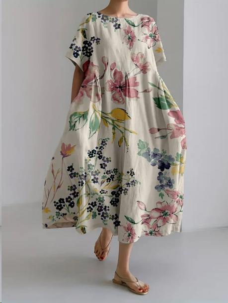 Abito maxi donna floreale giapponese fluido ed elegante, perfetto per l'estate con comfort e stile.