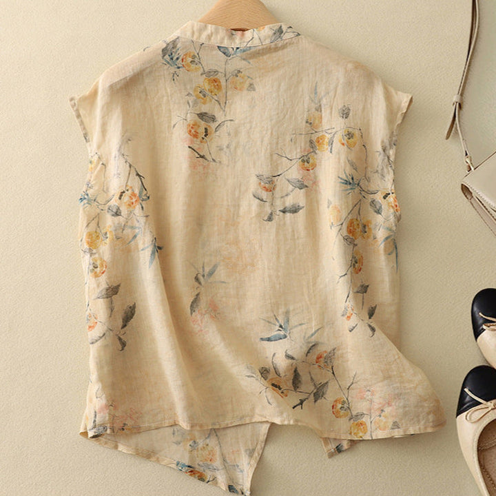Camicetta donna primaverile/estiva, floreale, collo coreana, manica corta, comoda ed elegante per ogni occasione.