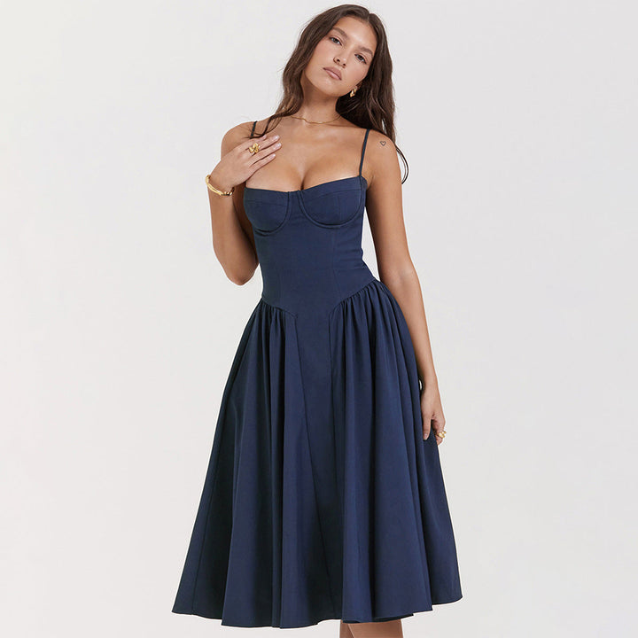 Abito moda femminile midi con corsetto e spalline regolabili, per un comfort elegante e una vestibilità perfetta.