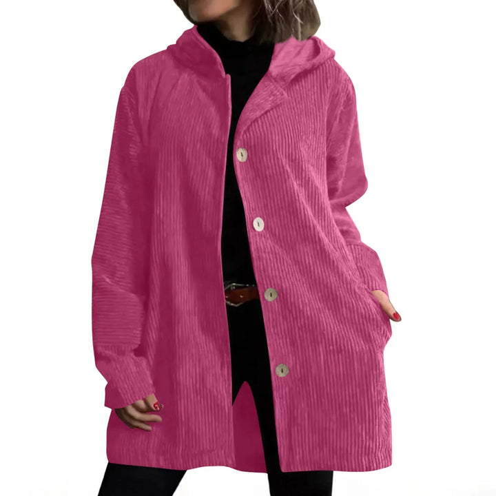Giacca calda donna con cappuccio, design confortevole e tasche funzionali, moda femminile.