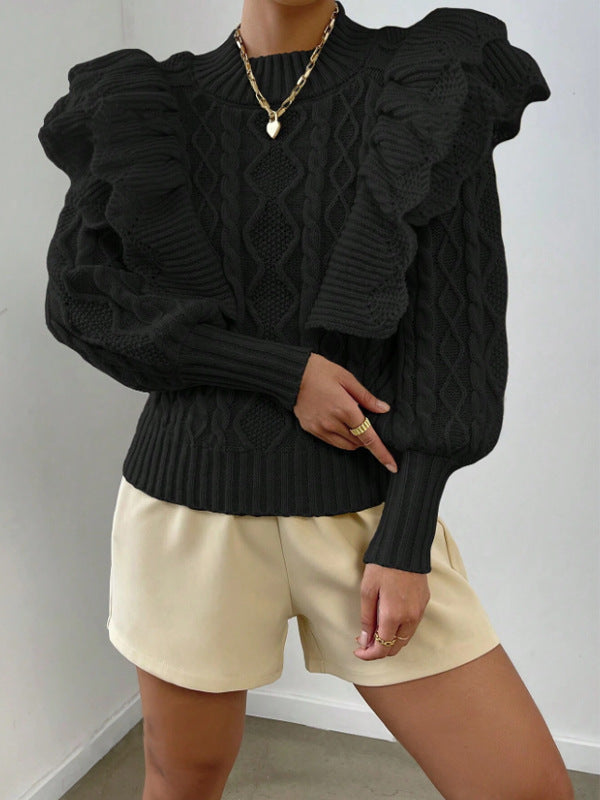Maglione donna a trecce con volant, un capo versatile. Abbina stile chic e comfort per l'abbigliamento quotidiano.