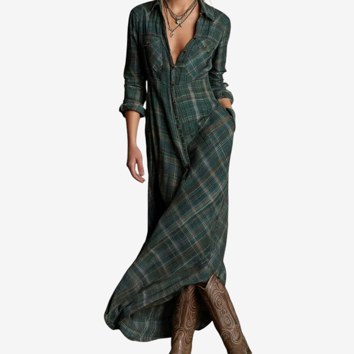 Chemisier lungo a quadri da donna, vestito casual ed elegante, ideale per un look moderno e confortevole.