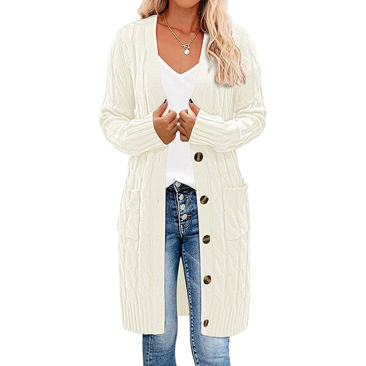 Cardigan femminile a maniche lunghe, con tasche laterali, che aggiunge praticità e stile all'outfit.