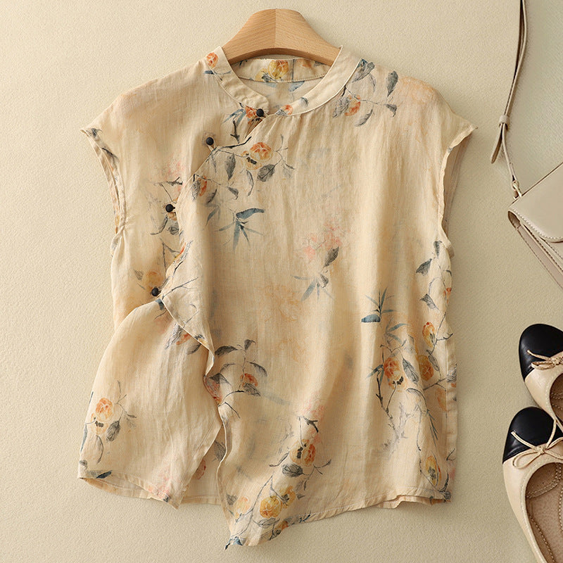Camicetta donna elegante a manica corta con stampa floreale e collo coreana, perfetta per primavera/estate.