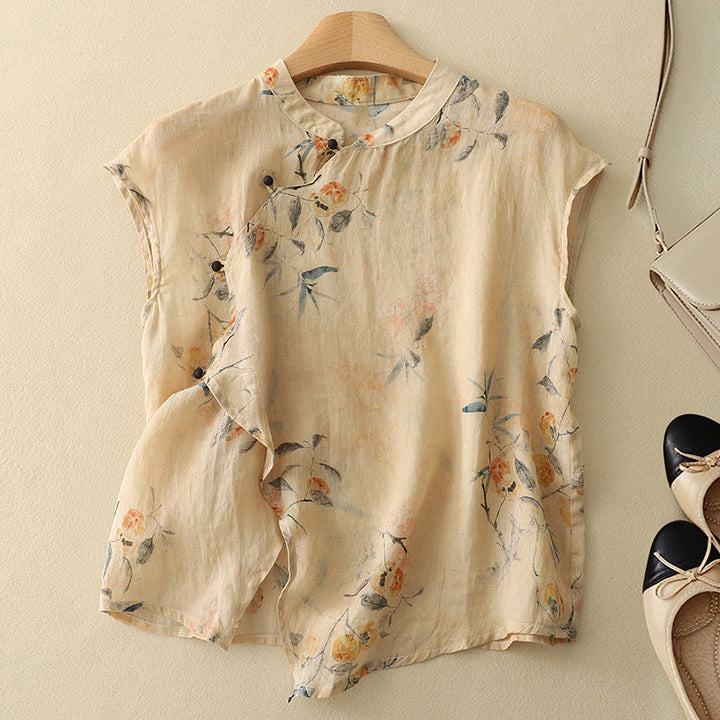 Camicetta donna elegante a manica corta con stampa floreale e collo coreana, perfetta per primavera/estate.