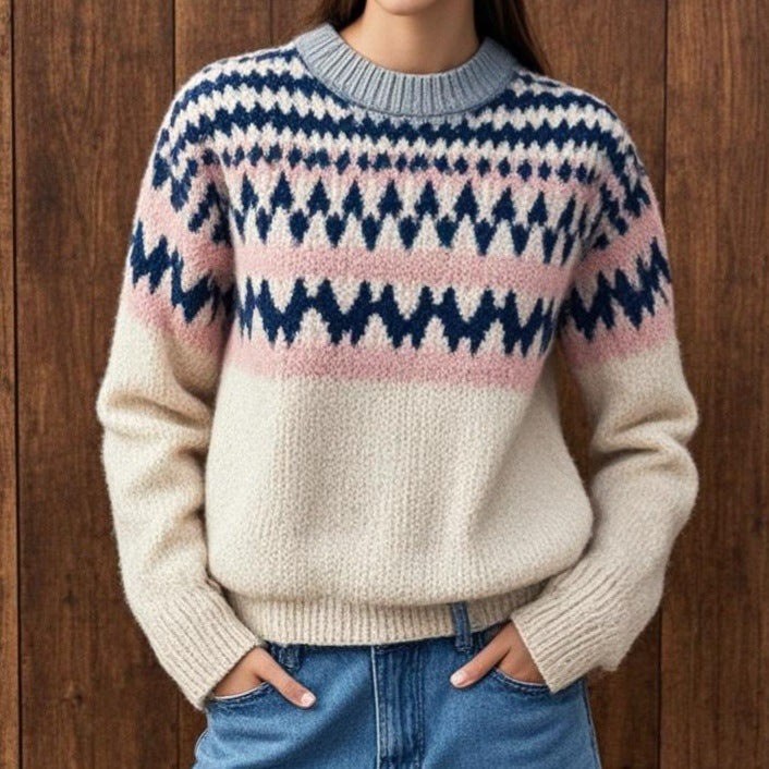 Maglione girocollo da donna Fair Isle elegante e comodo, perfetto per l'inverno. Pullover a maniche lunghe casual.