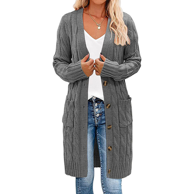 Cardigan donna a maniche lunghe con tasche, ideale per un outfit casual e confortevole ogni giorno.