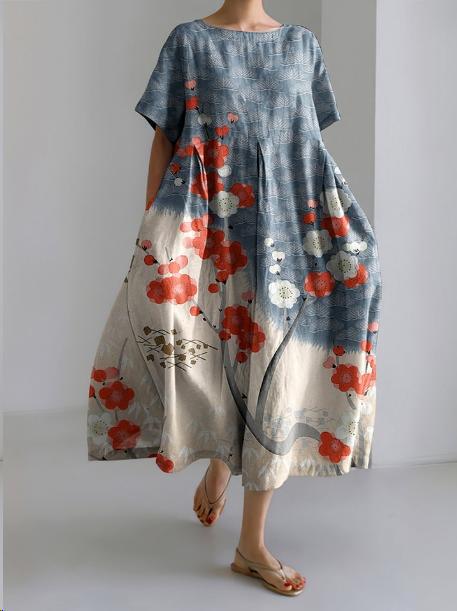 Abito lungo donna elegante con motivo floreale giapponese, vestibilità comoda per primavera ed estate.