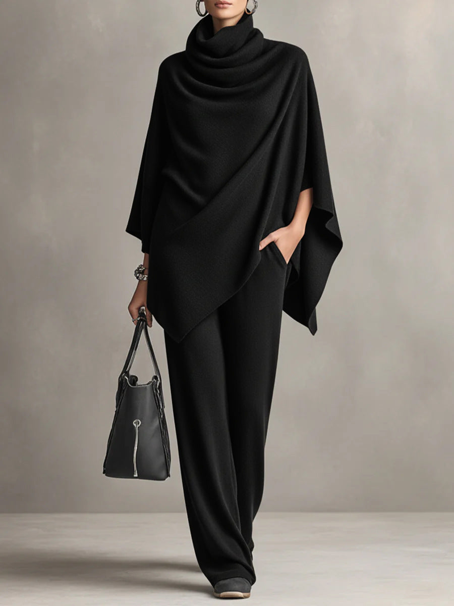 Completo due pezzi drappeggiato donna, top e pantaloni larghi, elegante e versatile per look casual chic.