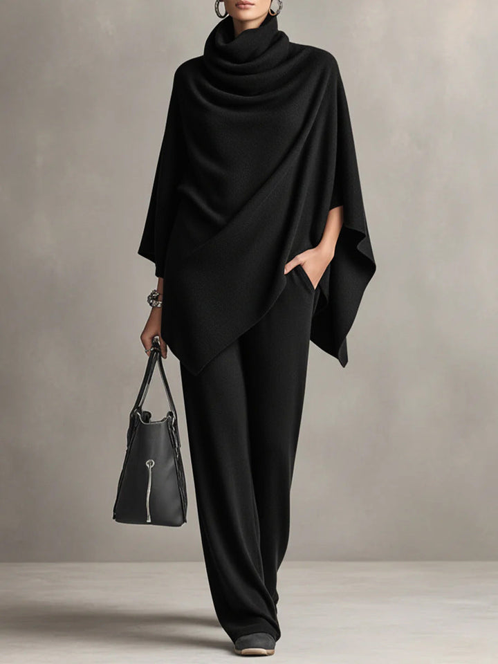 Completo due pezzi drappeggiato donna, top e pantaloni larghi, elegante e versatile per look casual chic.
