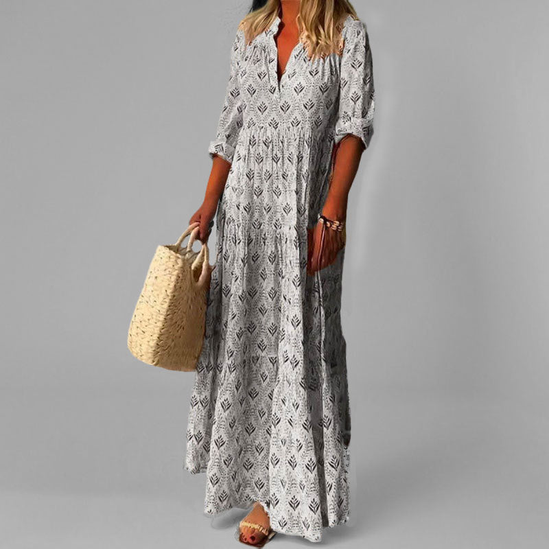Elegante abito lungo da donna con scollo a V e manica 3/4. Vestito fluido vintage con vestibilità ampia, perfetto per l'estate.