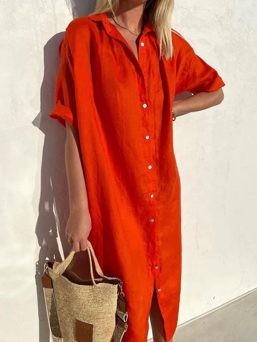 Abito donna estivo leggero, maniche corte e bottoni. Vestito midi casual perfetto per le vacanze e gite all'aperto.