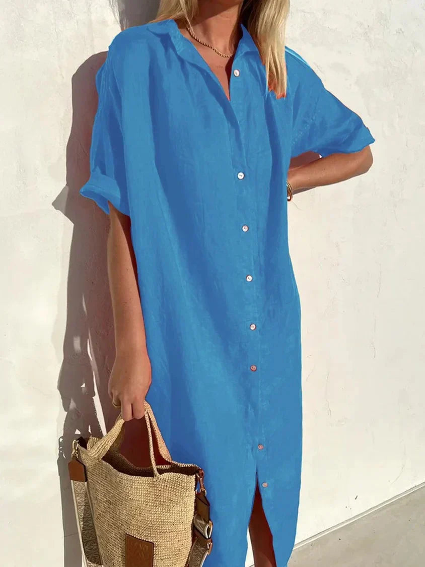 Abito chemisier donna a maniche corte, lungo e versatile. Eleganza estiva con bottoni per un look chic e disinvolto.