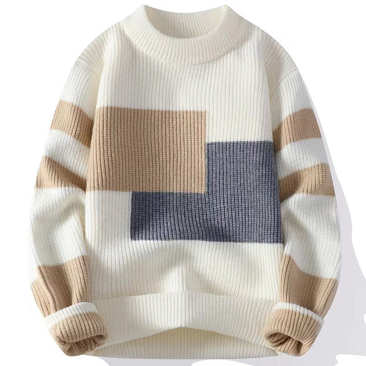 Maglione uomo autunnale elegante patchwork con girocollo, perfetto per un look casual e confortevole.