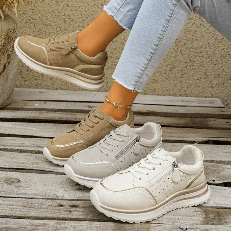 Calzature donna sneakers con supporto arco e cerniera laterale, comode per lunghe camminate e tempo libero.