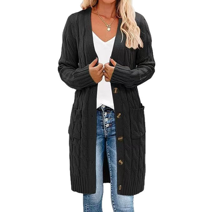 Cardigan donna a maniche lunghe e tasche frontali, capo di abbigliamento versatile per ogni stagione.