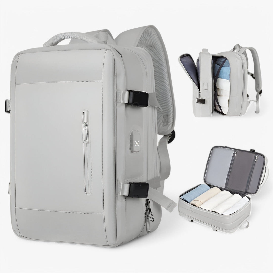 Zaino nero donna multiscomparto aperto, rivela ampio spazio e diverse sezioni interne per il viaggio.