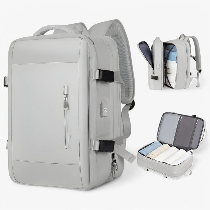 Zaino nero donna multiscomparto aperto, rivela ampio spazio e diverse sezioni interne per il viaggio.