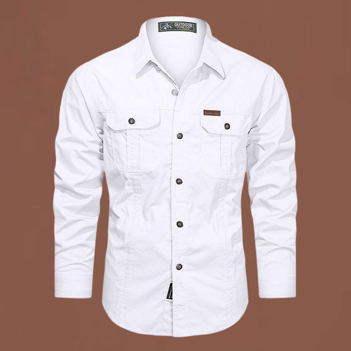 Camicia uomo outdoor grigia, stile casual elegante con tasche e bottoni, massima versatilità e comfort.