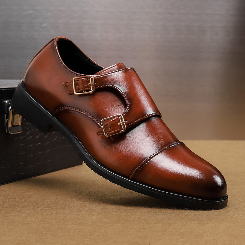 Scarpe eleganti uomo monkstrap in pelle marrone, ideali per outfit formali e business senza lacci.