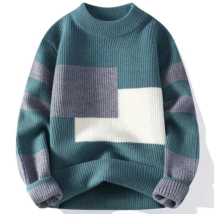 Maglione da uomo patchwork autunnale elegante. Design unico con girocollo per stile e comfort nella moda uomo.
