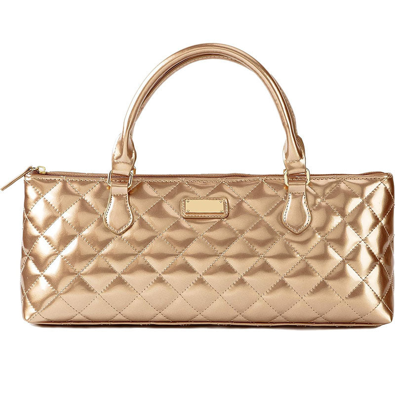 Elegante borsa a tracolla trapuntata nera per donna, con dettagli rose gold. Accessorio moda spazioso e di tendenza.